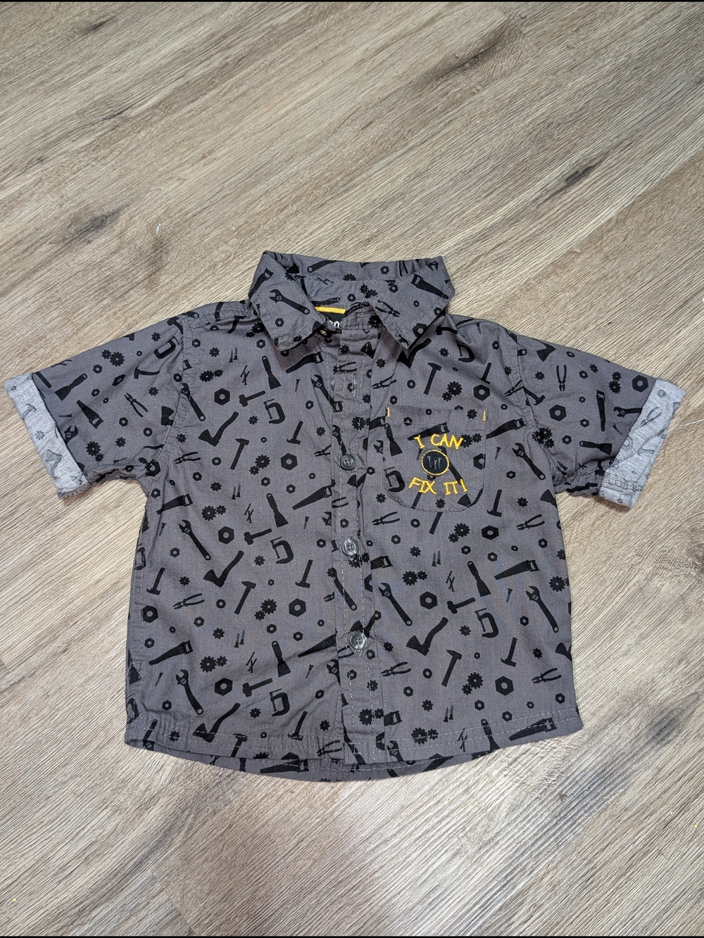 Boys Rock I Can Fix It Gray Yellow Tool-Print Short Sleeve Button Up Shirt 18M